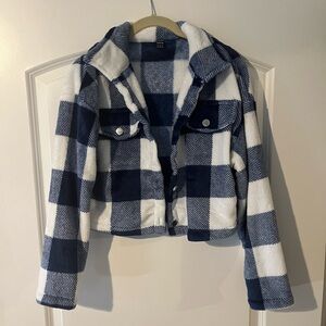 Shein Blue and White Plaid Cropped Jacket Size Small